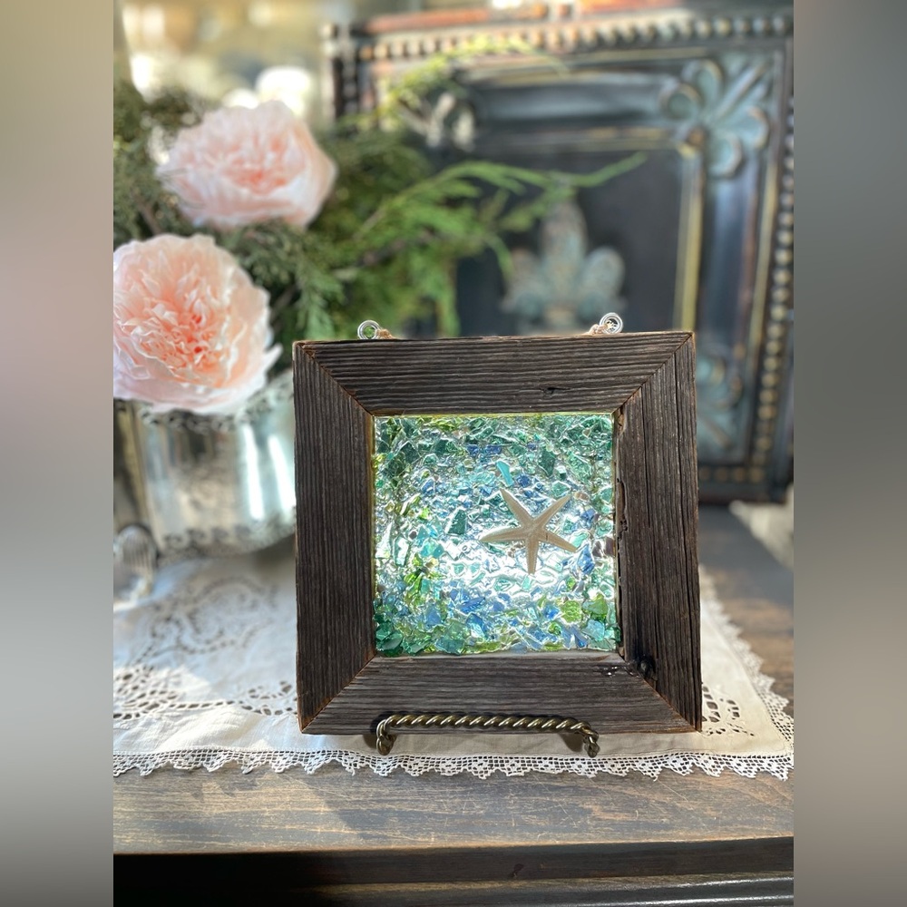 Glass mosaic starfish art reclaimed wood frame coastal beach art